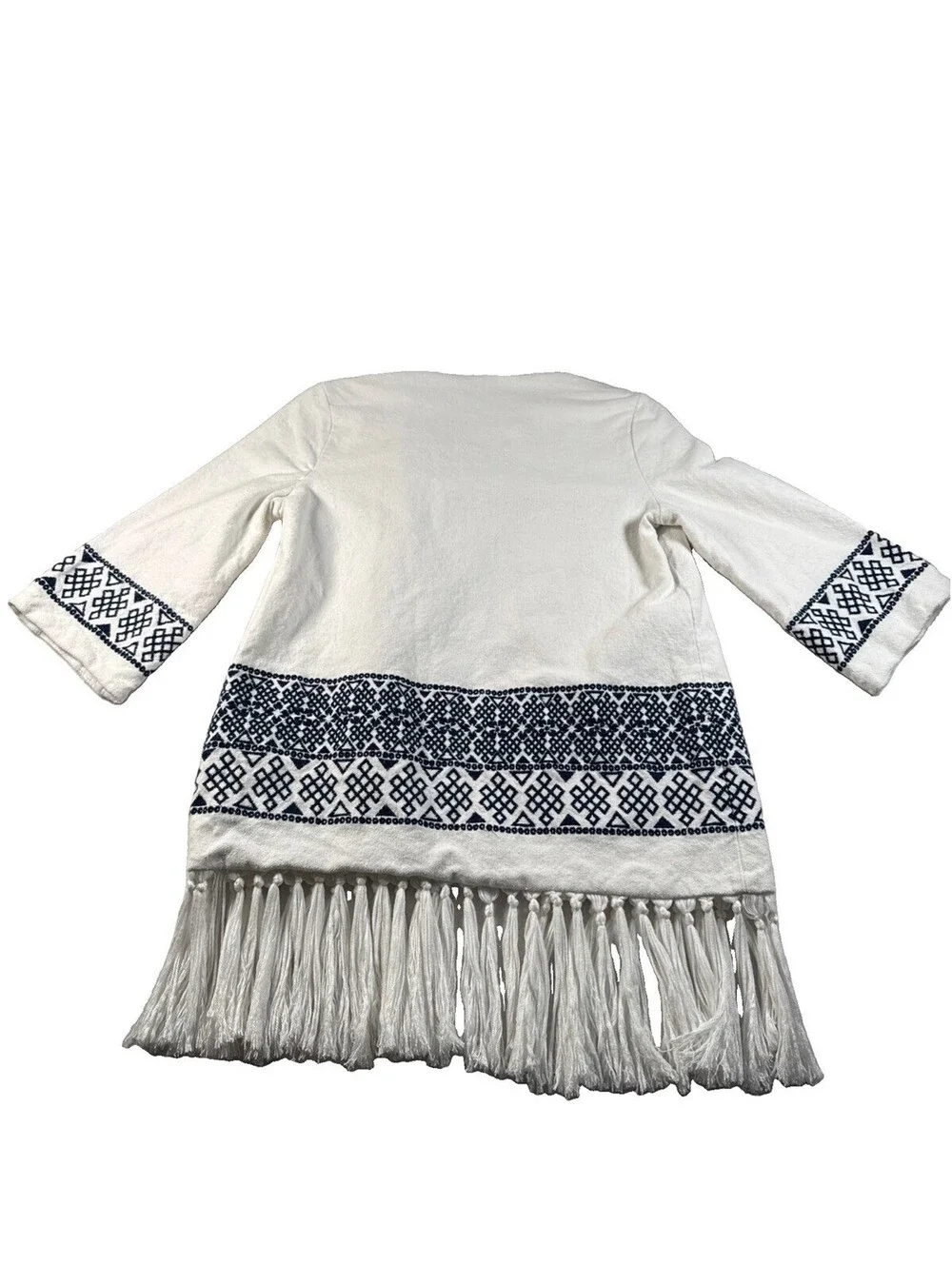 Zara Aztec Embroidered Fringe Jacket in Optic White Sz M Pre Owned
